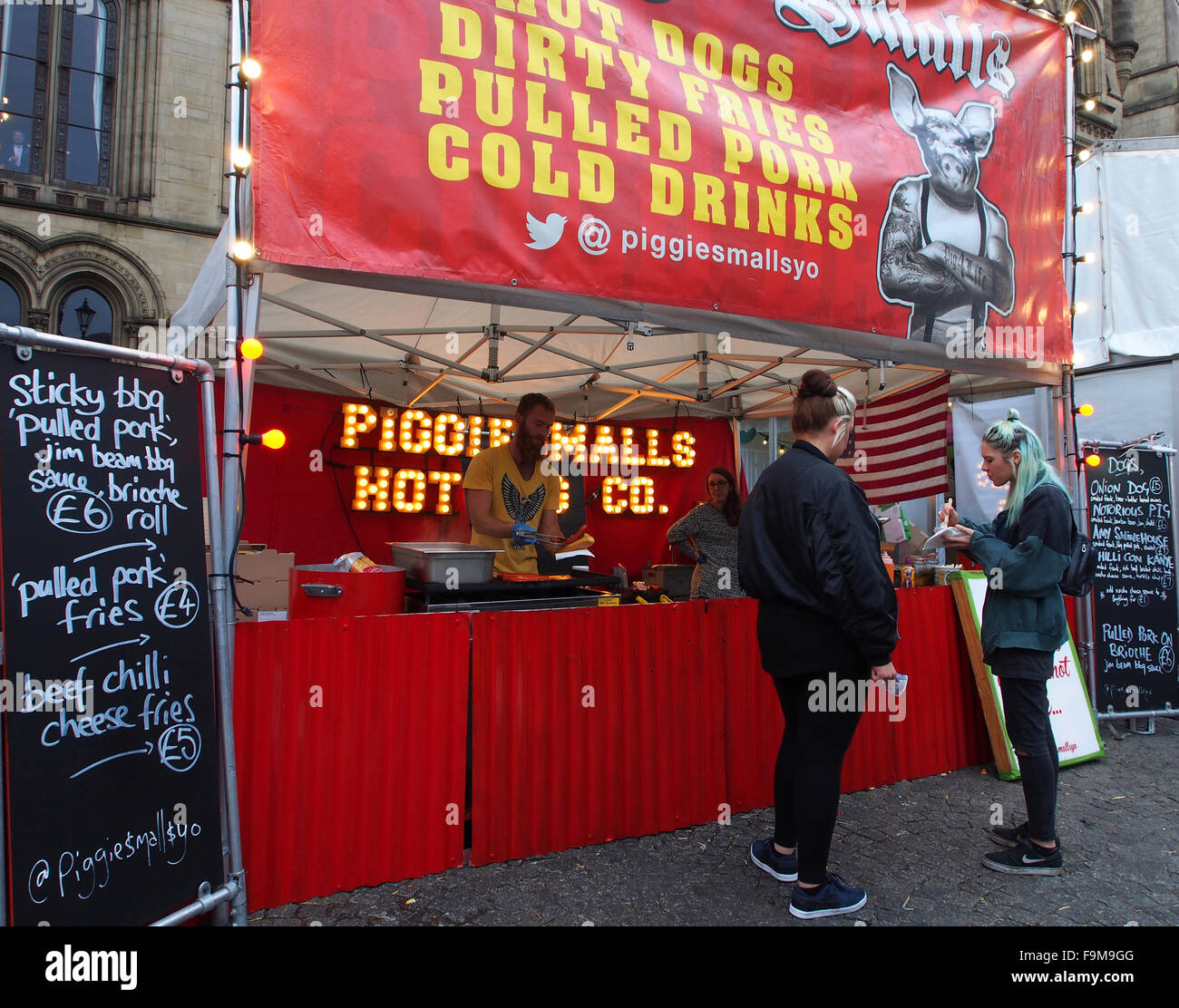 Fast food concession at Manchester Food and Drink Festival held in Albert Square, in front of the Town Hall, Manchester. Stock Photo