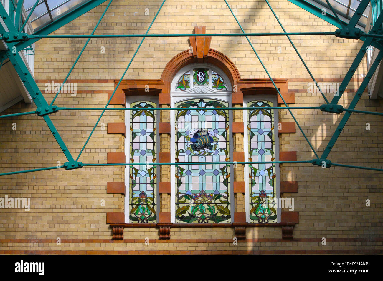 Stained glass window at Victoria Baths in Manchester, which opened in