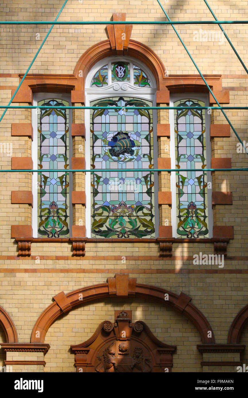 Stained glass window at Victoria Baths in Manchester, which opened in