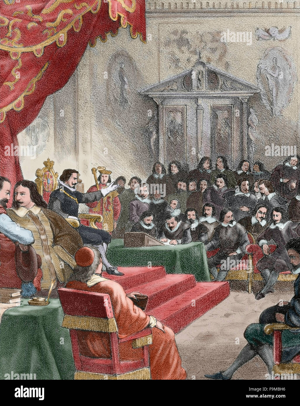 History of Spain. Castilian Courts held in 1636 under the monarchy of Philip IV (1605-1665). Engraving in 'Historia de España'. 19th century. Colored. Stock Photo