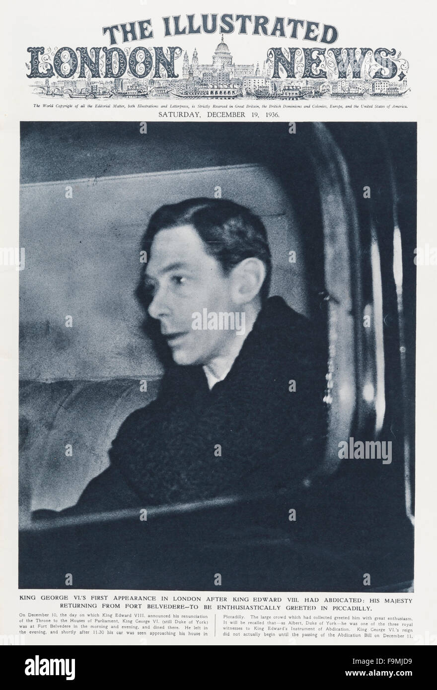 December 1936. Cover of The Illustrated London News magazine showing the first appearance in public of King George VI after the abdication of his brother,  King Edward VIII Stock Photo