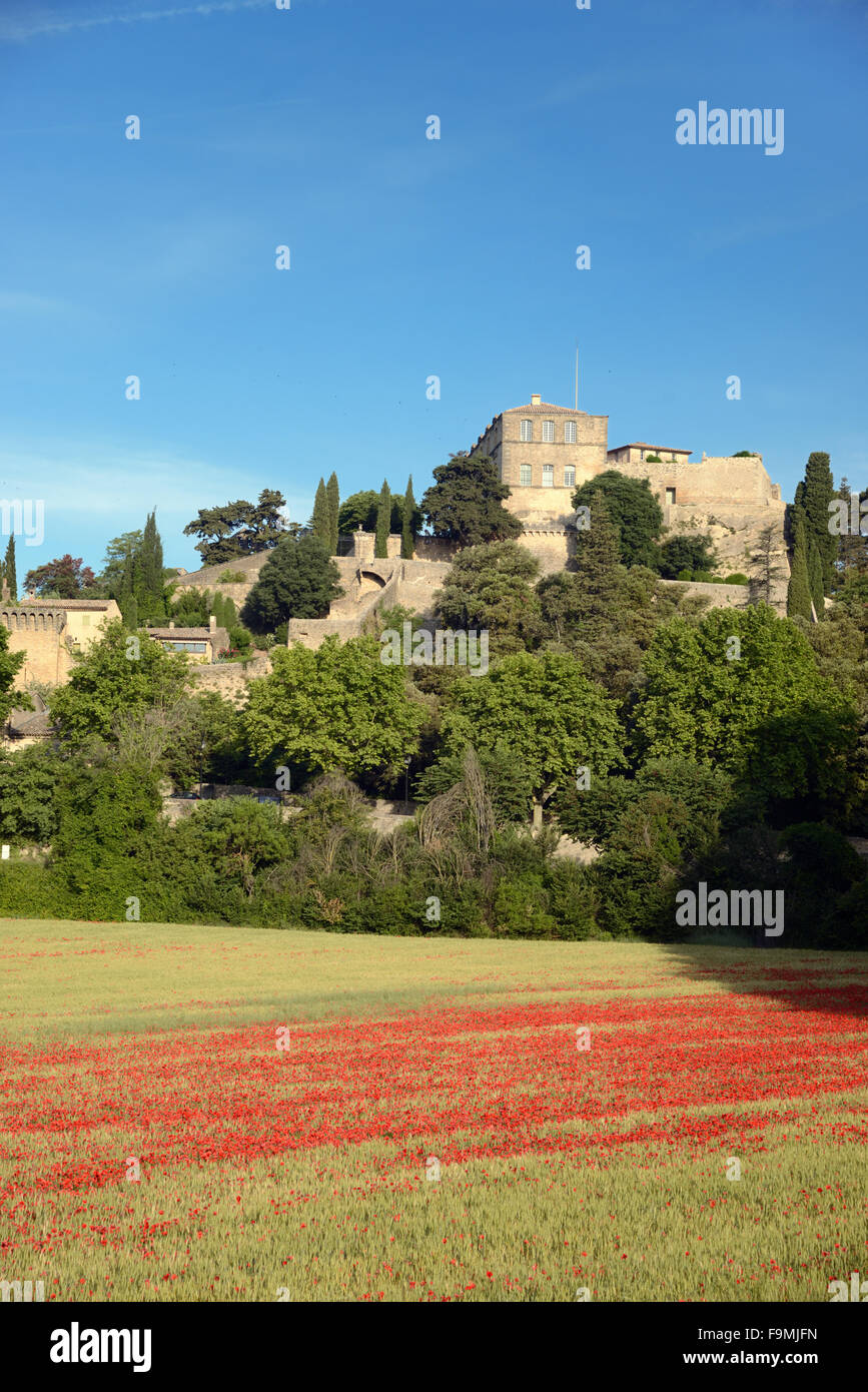 Field of Wheat & Poppies Beneath the Perched or Hilltop Village of Ansouis and Ansouis Château Luberon Provence France Stock Photo