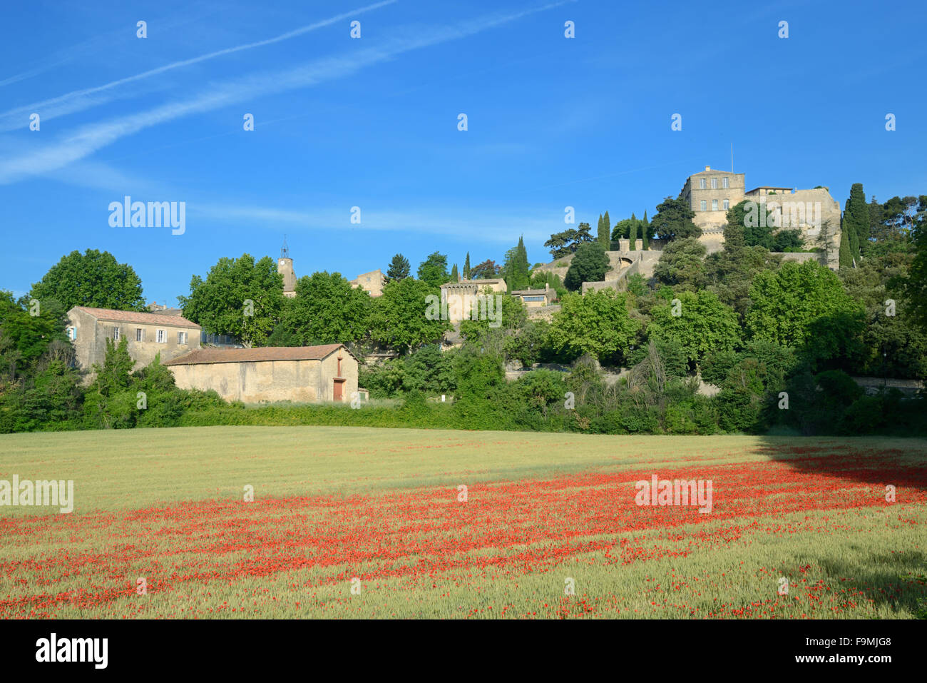 Field of Wheat & Poppies Beneath the Perched or Hilltop Village of Ansouis and Ansouis Château Luberon Provence France Stock Photo