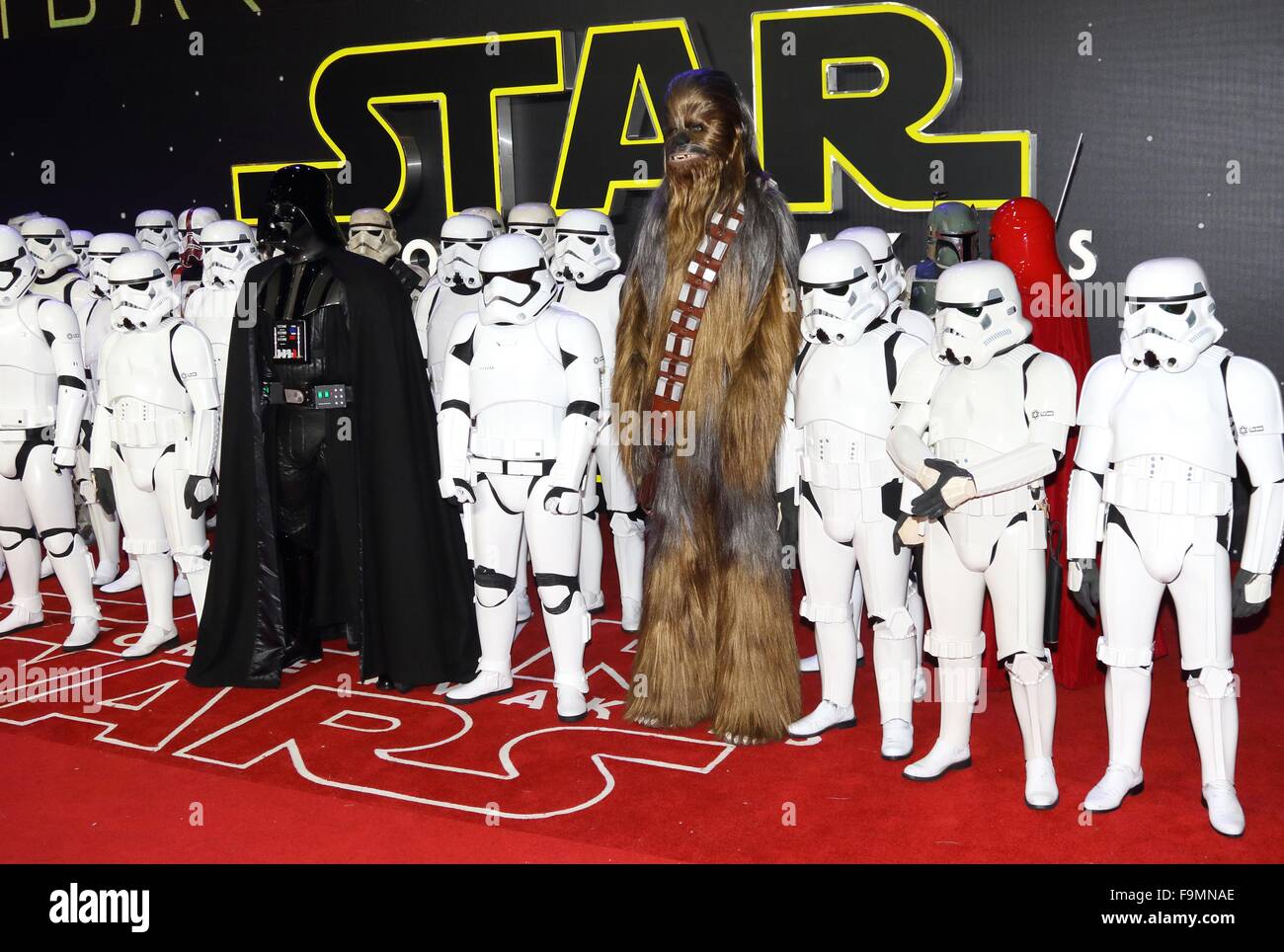 London.UK. Stormtroopers, Darth Vader and a Wookie  at  Star Wars: The Force Awakens - European Premiere at Leicester Square.  16th December 2015. Ref: LMK73-59062-171215 Keith Mayhew/Landmark Media.   Stock Photo
