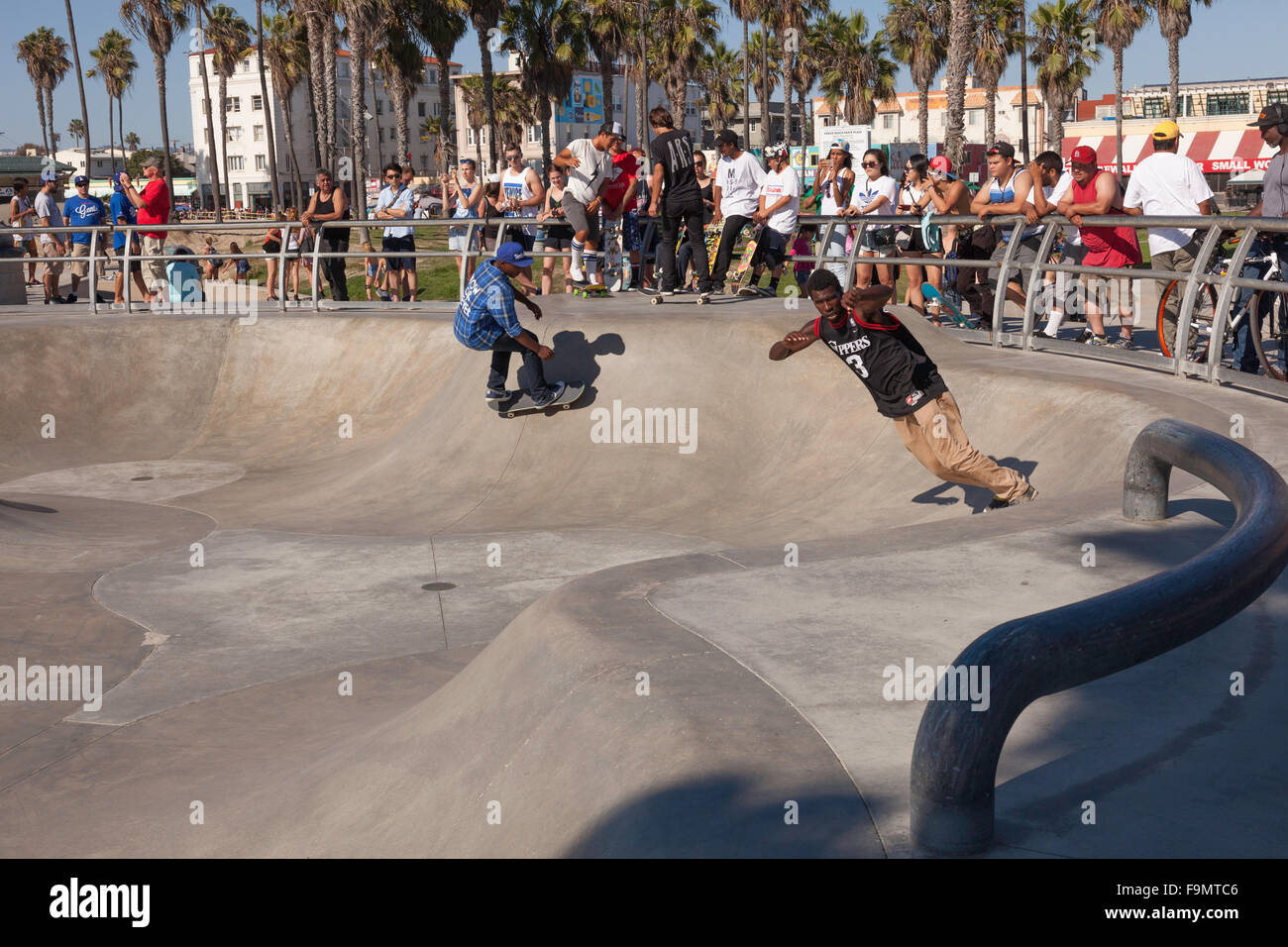 Young male roller blading at Venice Beach Skate Plaza in Venice Beach