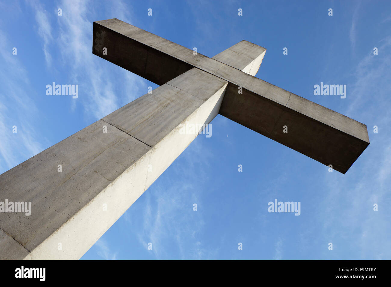 Looking up at the concrete cross at  Battle of Mogersdorf  Memorial Chapel, Schloesselberg, Mogersdorf, Austria Stock Photo