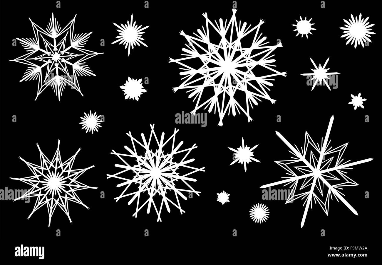 Straw stars - silhouettes that look like snowflakes - rural christmas tree decoration. Illustration on black background. Stock Photo