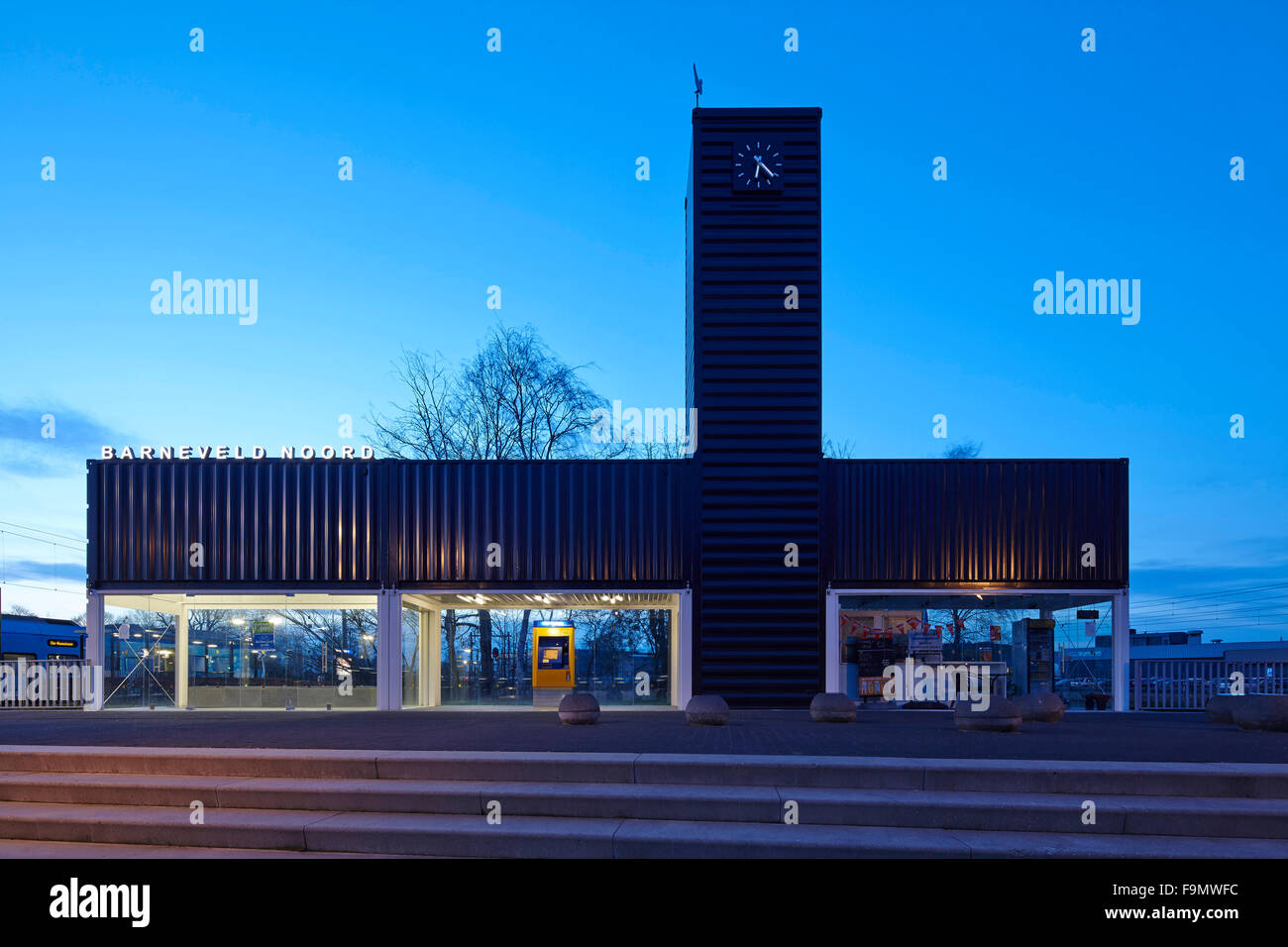 Barneveld Noord Station, a striking modern building with a central