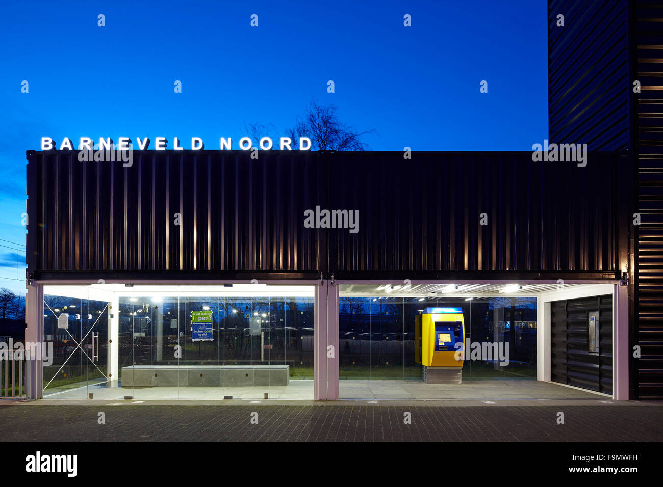 Barneveld Noord Station, a striking modern building with a central