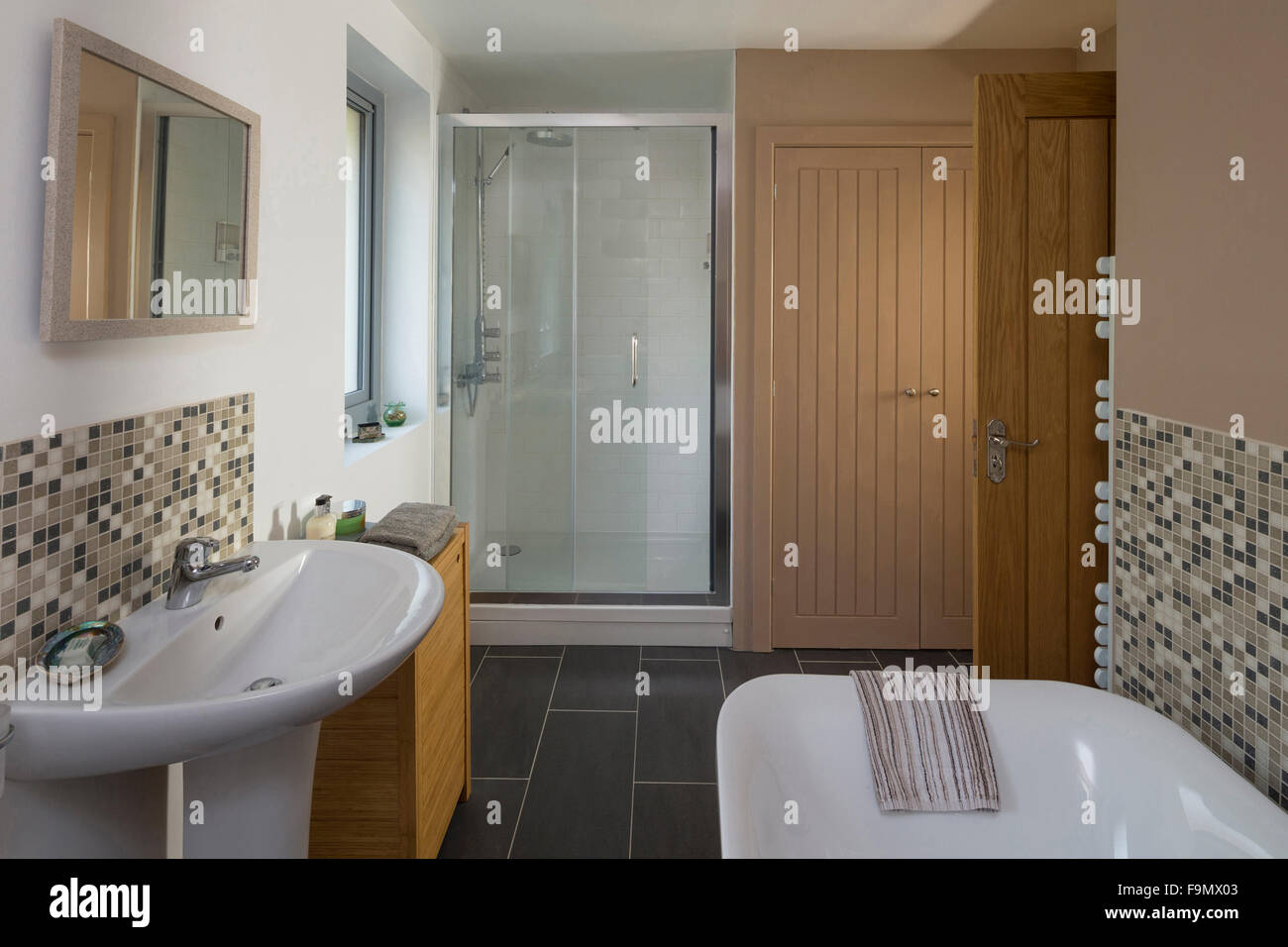 Family bathroom in a moder house, with a traditional bath, handbasin and toilet. Stock Photo