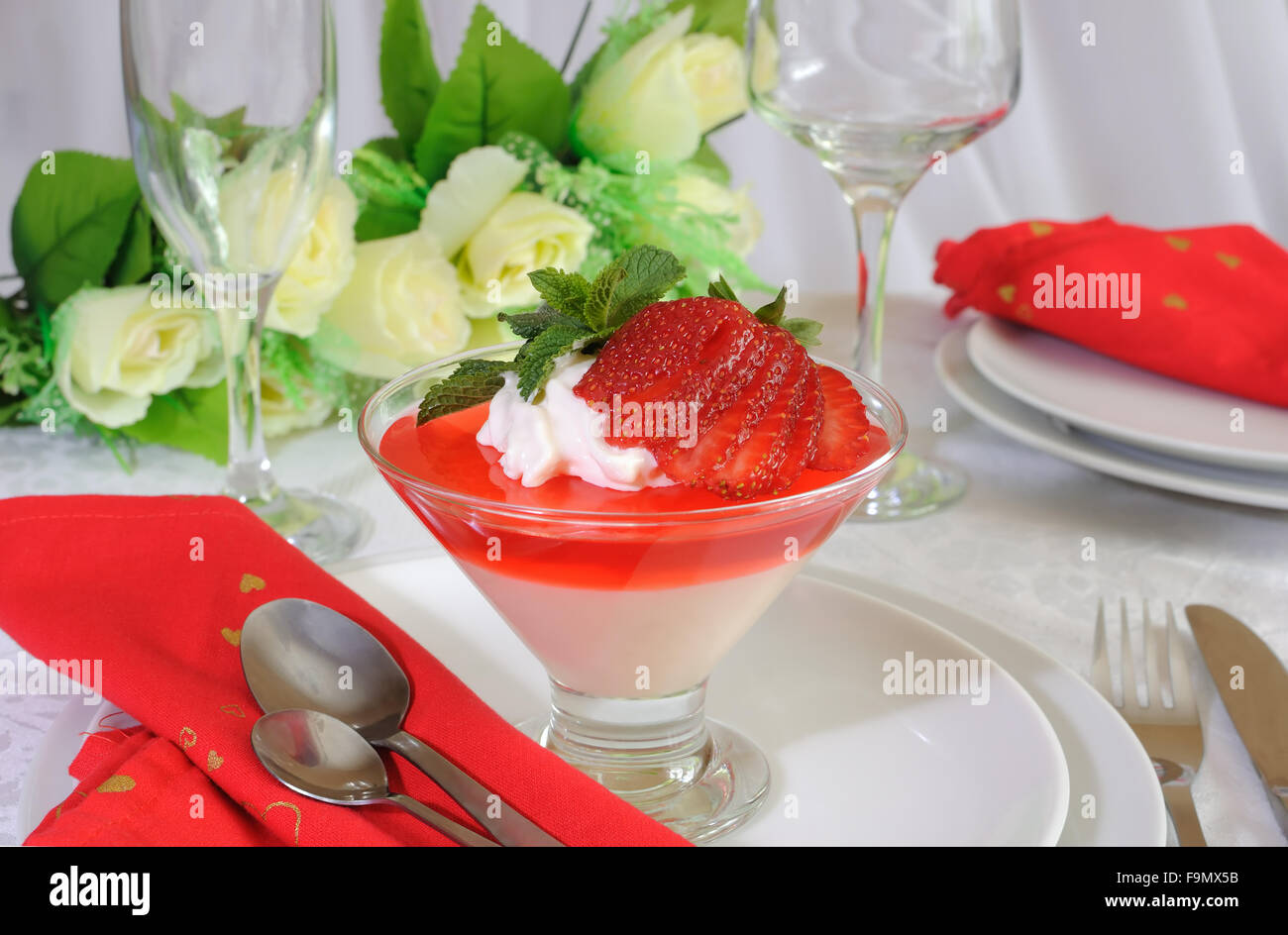 Dessert of yogurt with strawberry jelly with whipped cream and