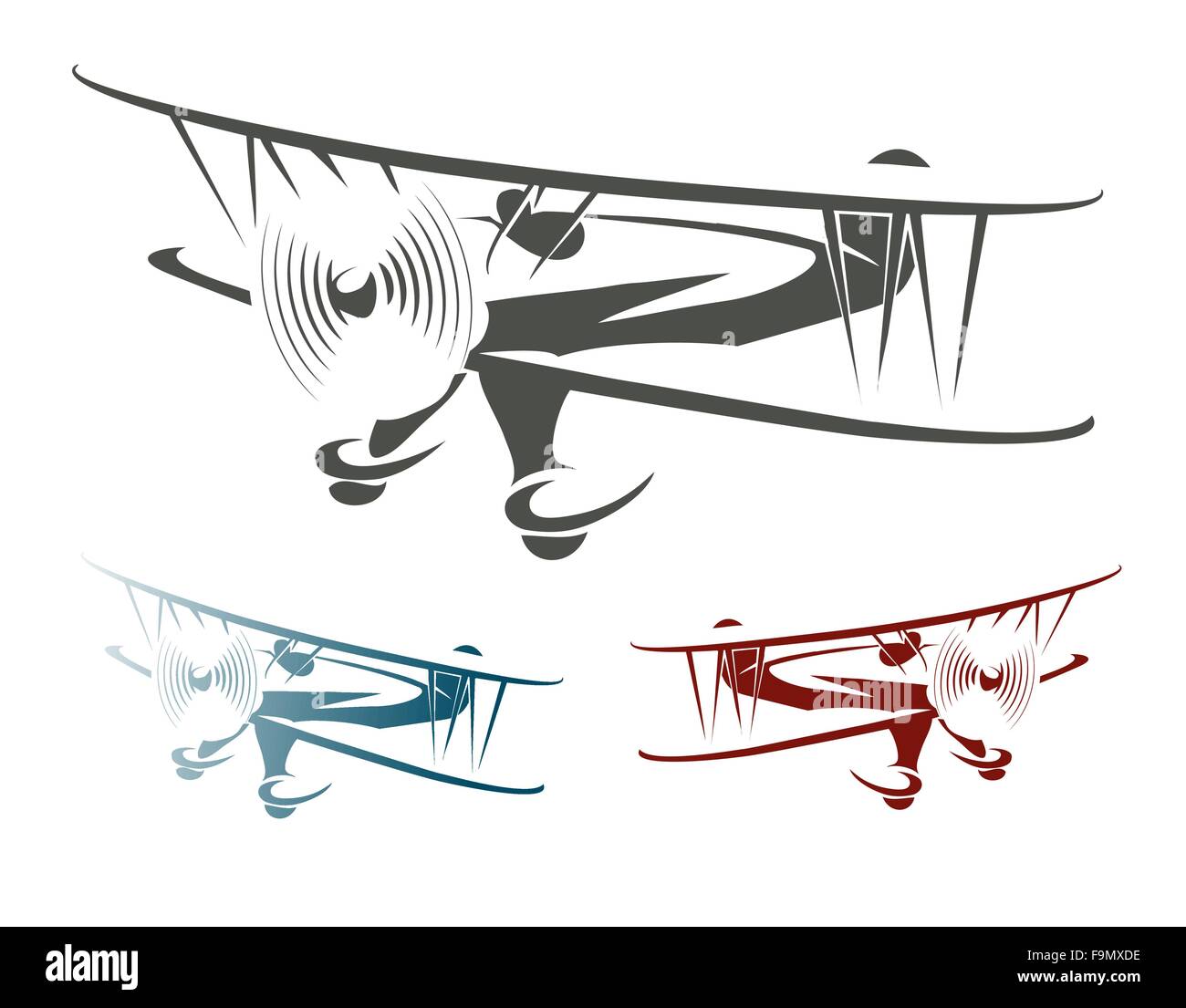 Flying Retro Airplane Emblem Set. Biplane in three color variations. Isolated on white. Stock Vector