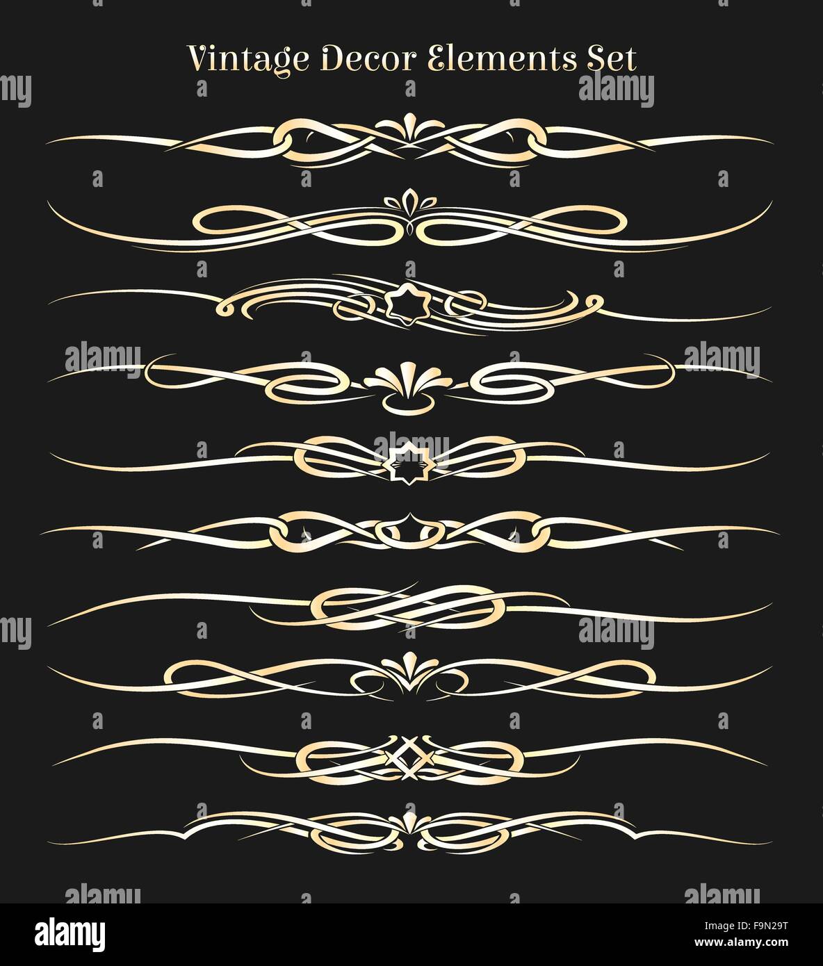 Vintage Decor Elements set. Golden headers and dividers isolated on black. Stock Vector