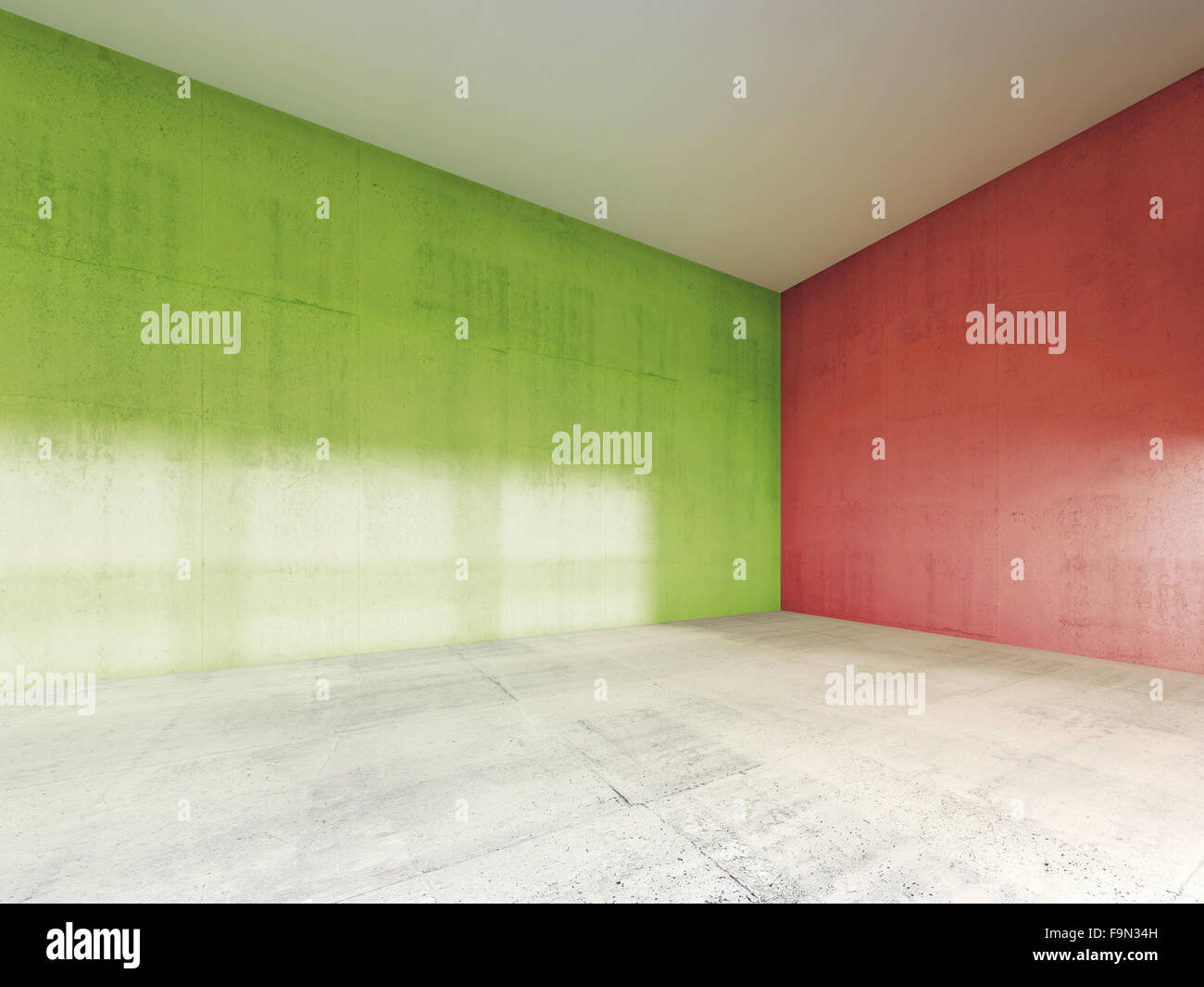 Abstract modern interior, empty room with red and green concrete walls. 3d render illustration Stock Photo