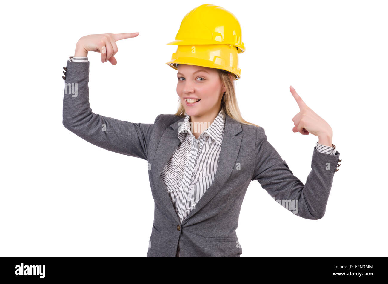 Businesswoman in gray suit and safety helmet isolated on white Stock ...