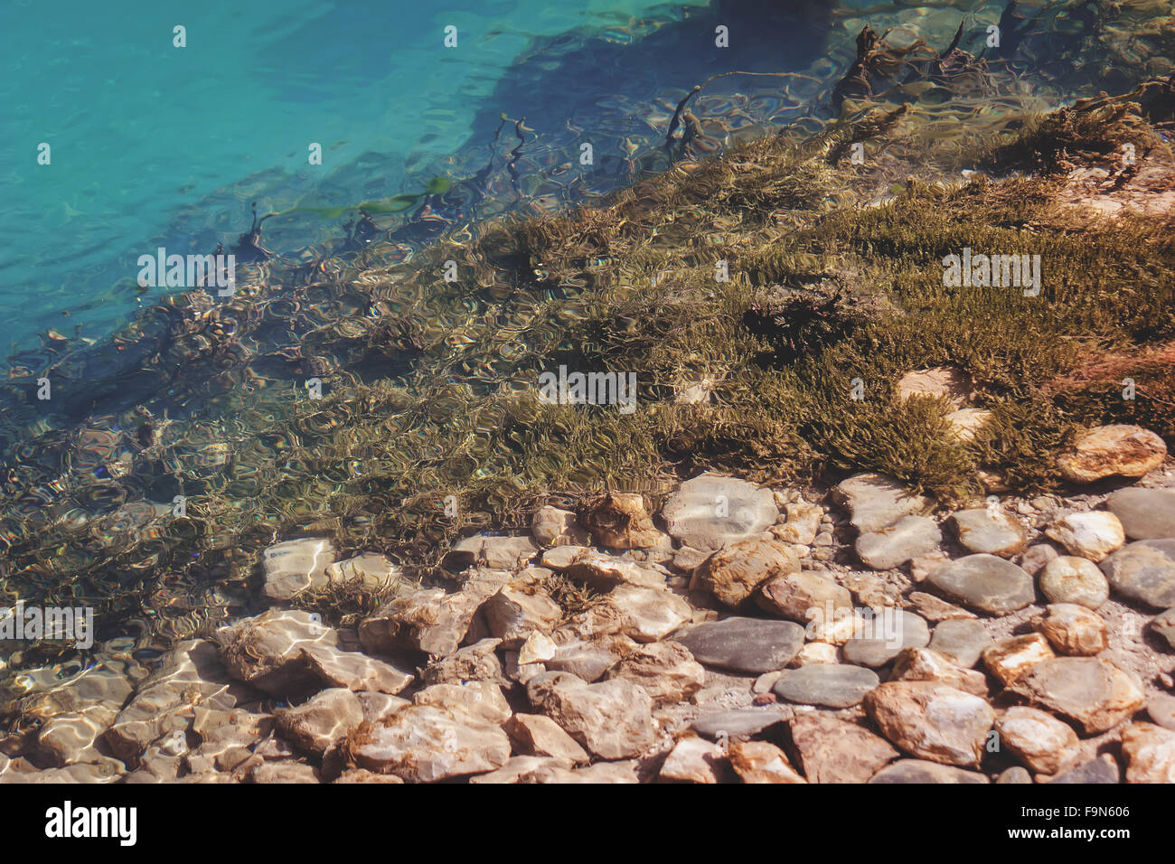 Through the clear blue water of a mountain lake seen rocky bottom ...