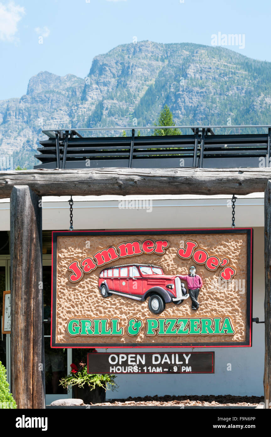 A sign for Jammer Joe’s Grill & Pizzeria at Lake McDonald Lodge in Glacier National Park