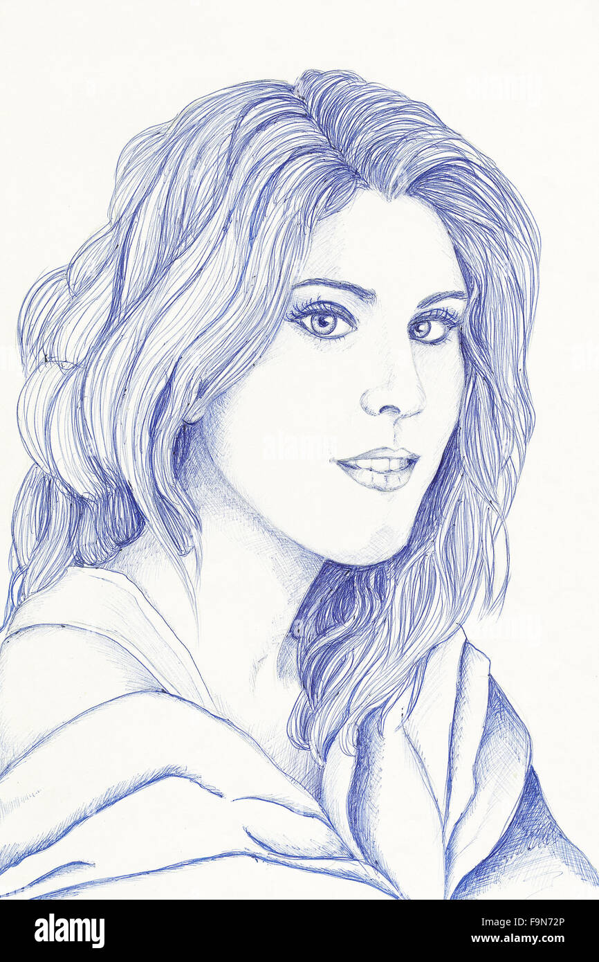 Portrait of young woman. Pen illustration. Stock Photo