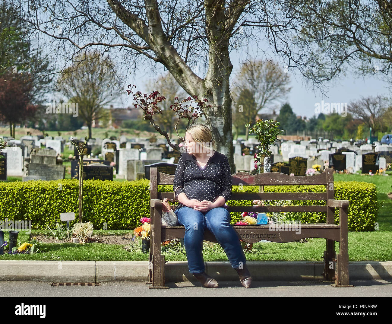 A grieving pregnant woman sitting on a bench in a graveyard or cemetery