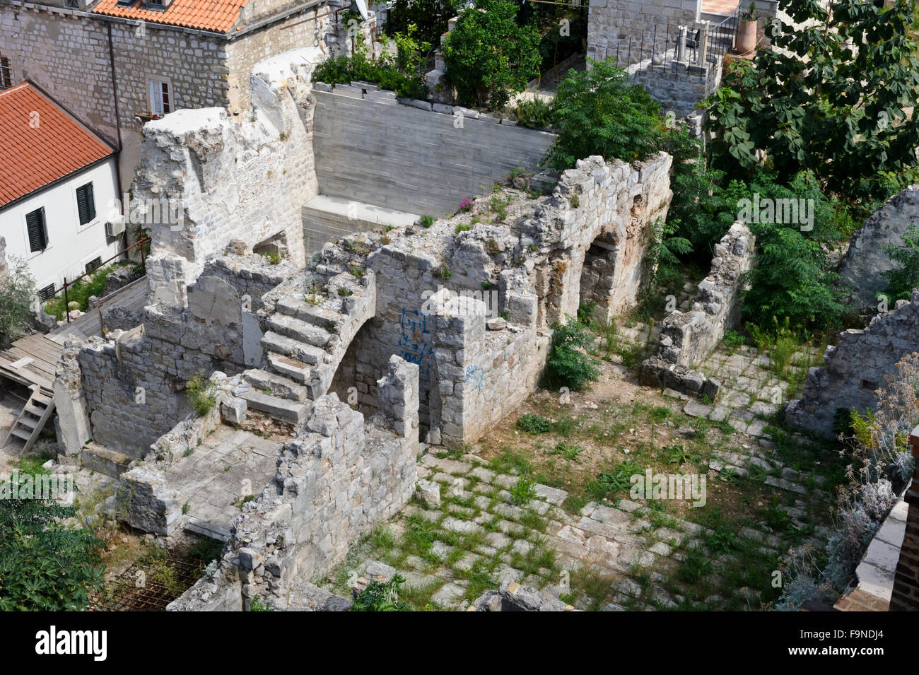 A ruin building within the walls of the old fortress in Dubrovnik, Croatia. Stock Photo