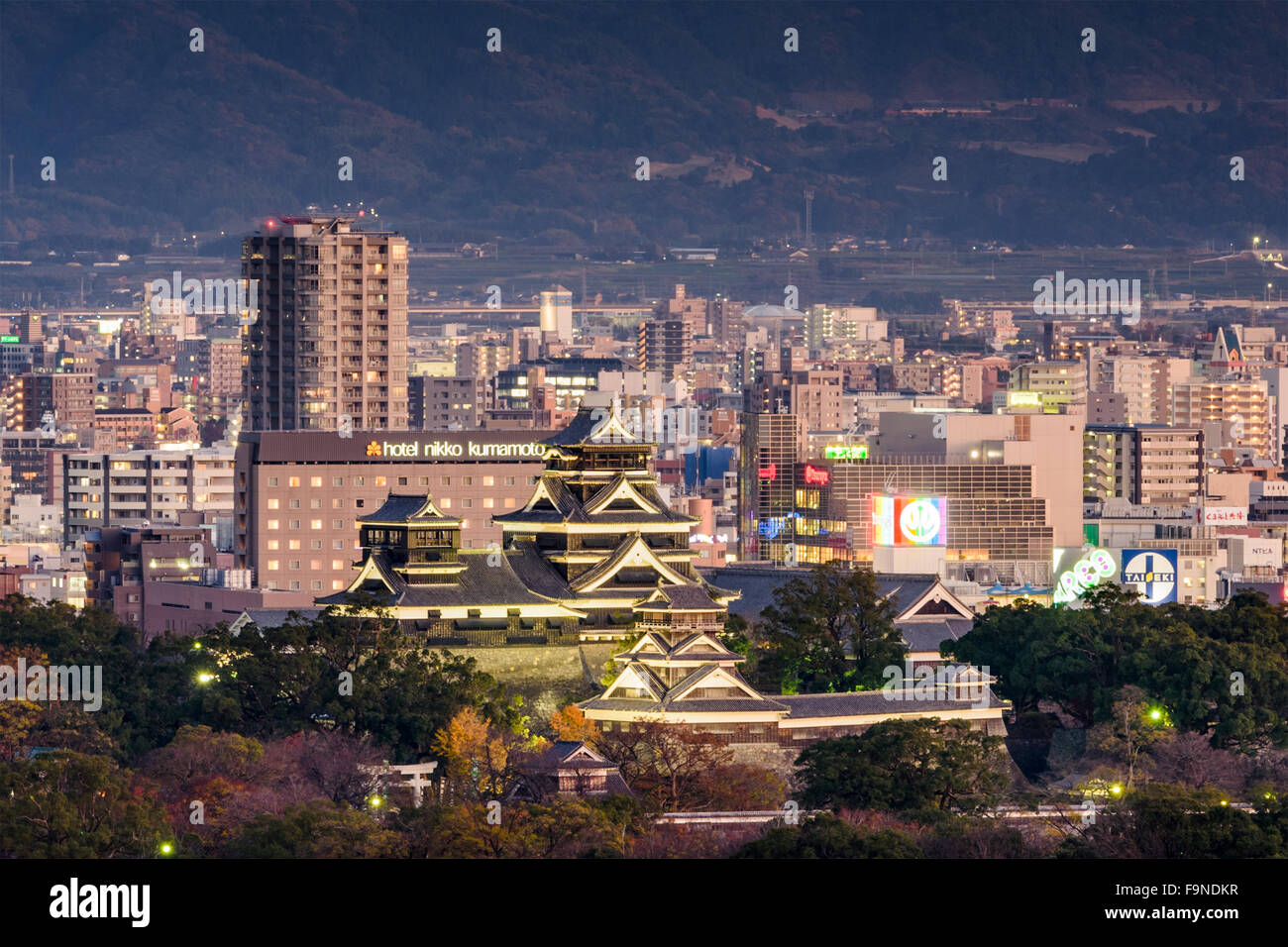 Downtown Kumamoto Japan with the castle. Stock Photo