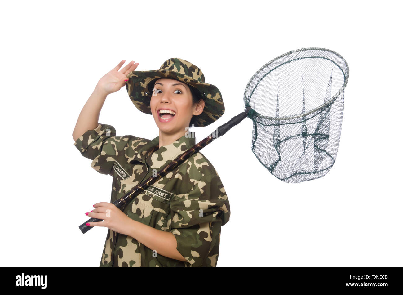 Woman in military clothing with catching net Stock Photo - Alamy