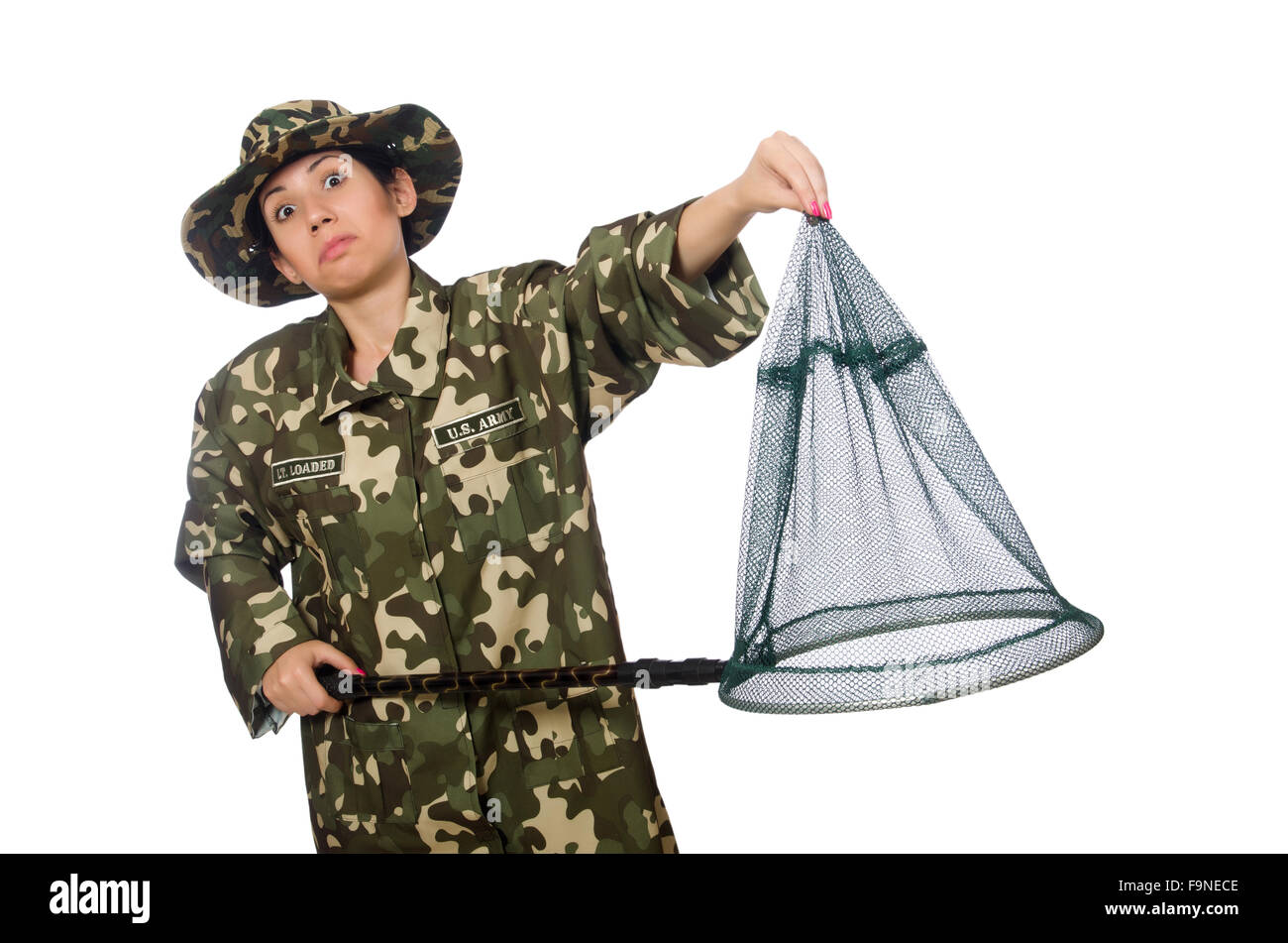 Woman in military clothing with catching net Stock Photo - Alamy
