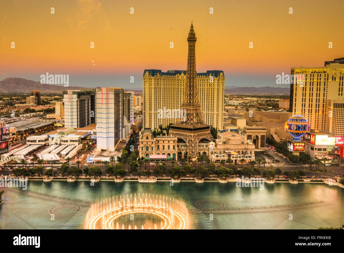 Panoramic view of luxurious hotels and casinos in Las Vegas, Nevada at