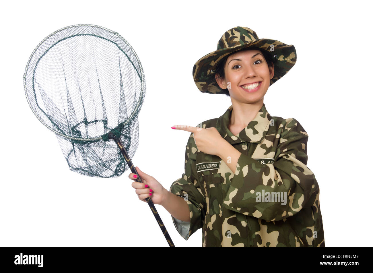 Woman in military clothing with catching net Stock Photo - Alamy