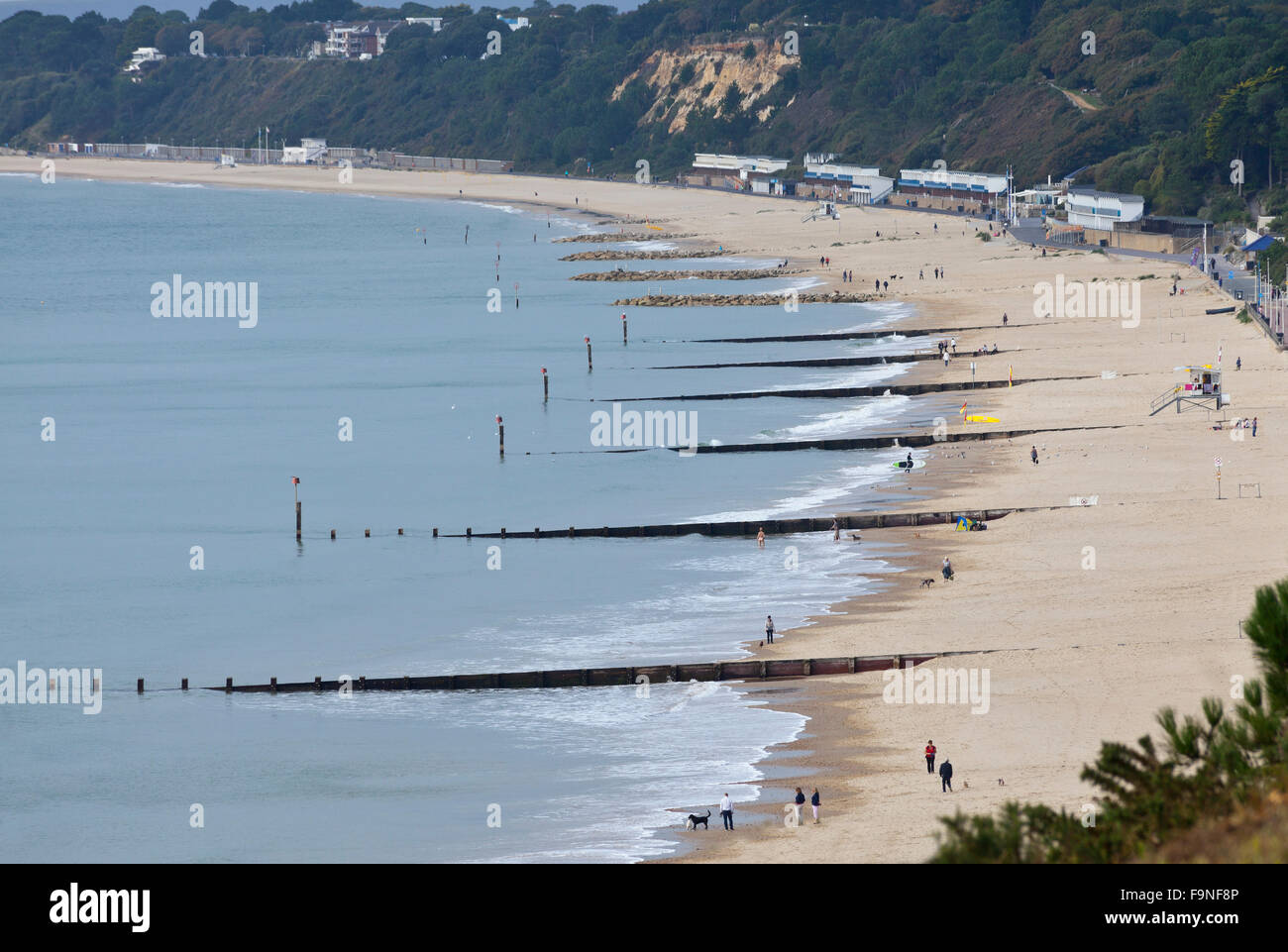 Bournmouth beach looking West from Boscombe pier, wooden groynes to help prevent coastal erosion. Stock Photo