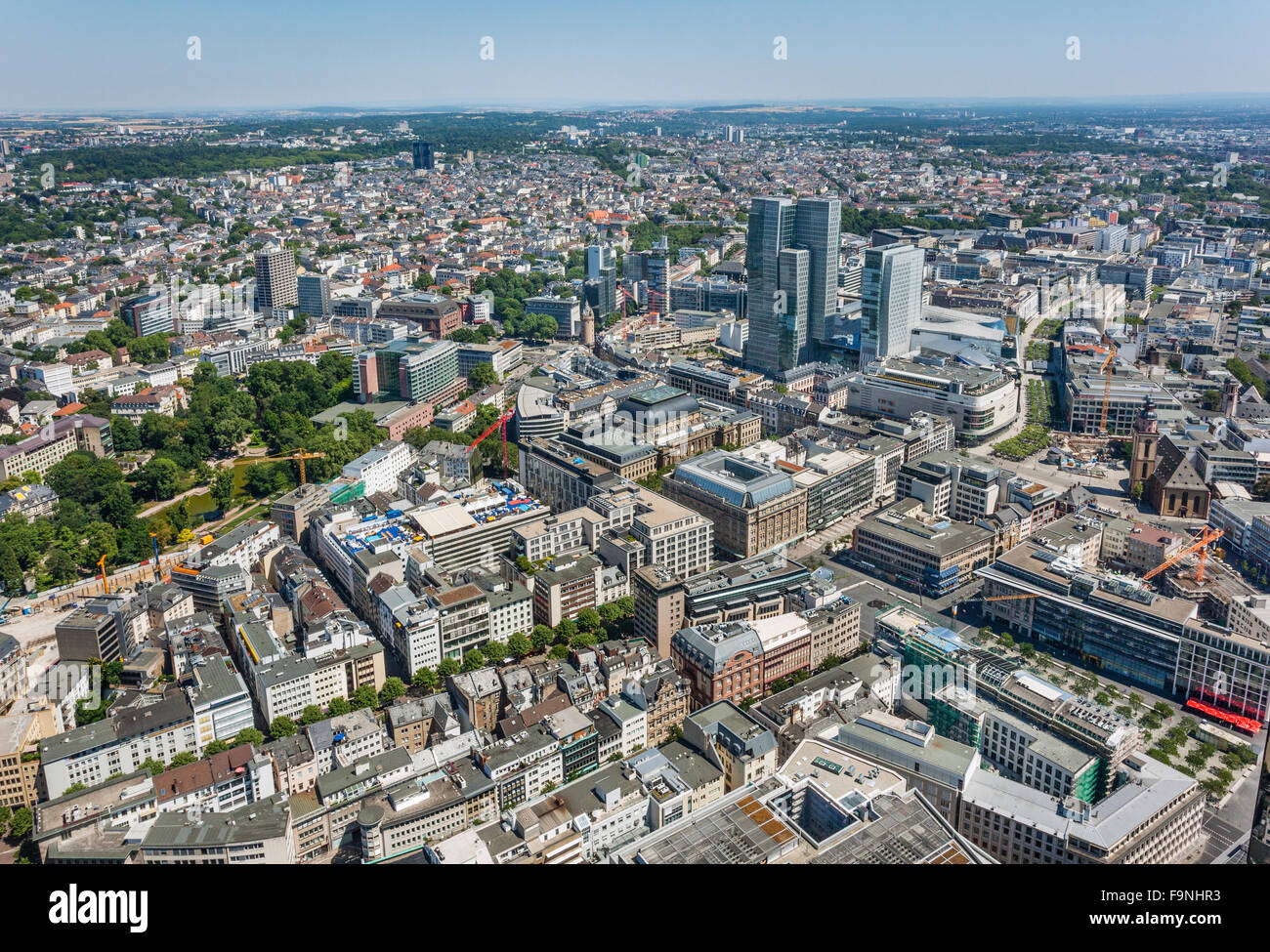 Germany, Hesse, Frankfurt am Main, aerial view of Frankfurt city centre with Goethestrasse, Zeil Galerie and Stock Exchange Stock Photo