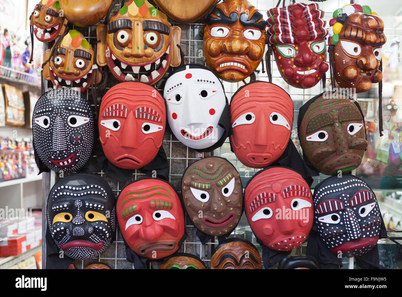 SEOUL, SOUTH KOREA - AUGUST 14, 2015: Korean wooden masks sold in Insadong street in Seoul, South Korea on AUGUST 14, 2015 Stock Photo