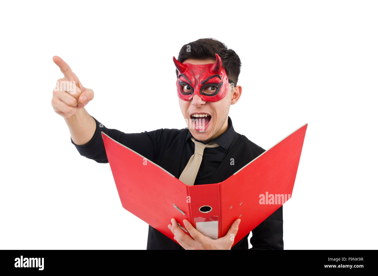 Devil holding red folder isolated on white Stock Photo - Alamy