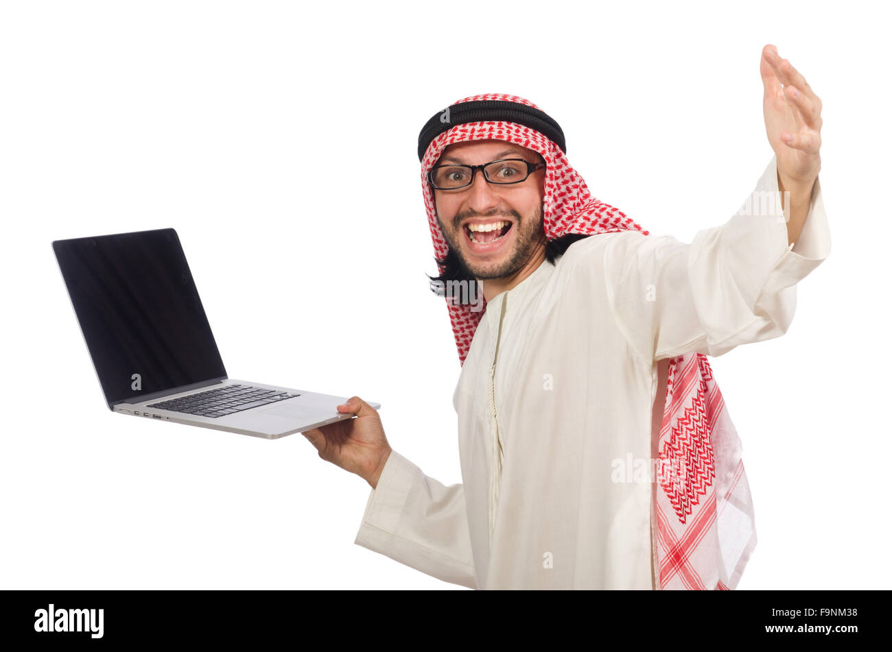 Arab man with laptop isolated on white Stock Photo - Alamy