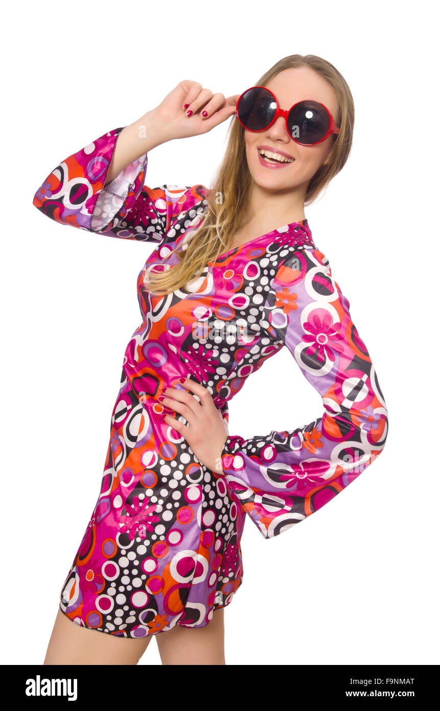 Pretty girl in dress with pink prints isolated on white Stock Photo - Alamy
