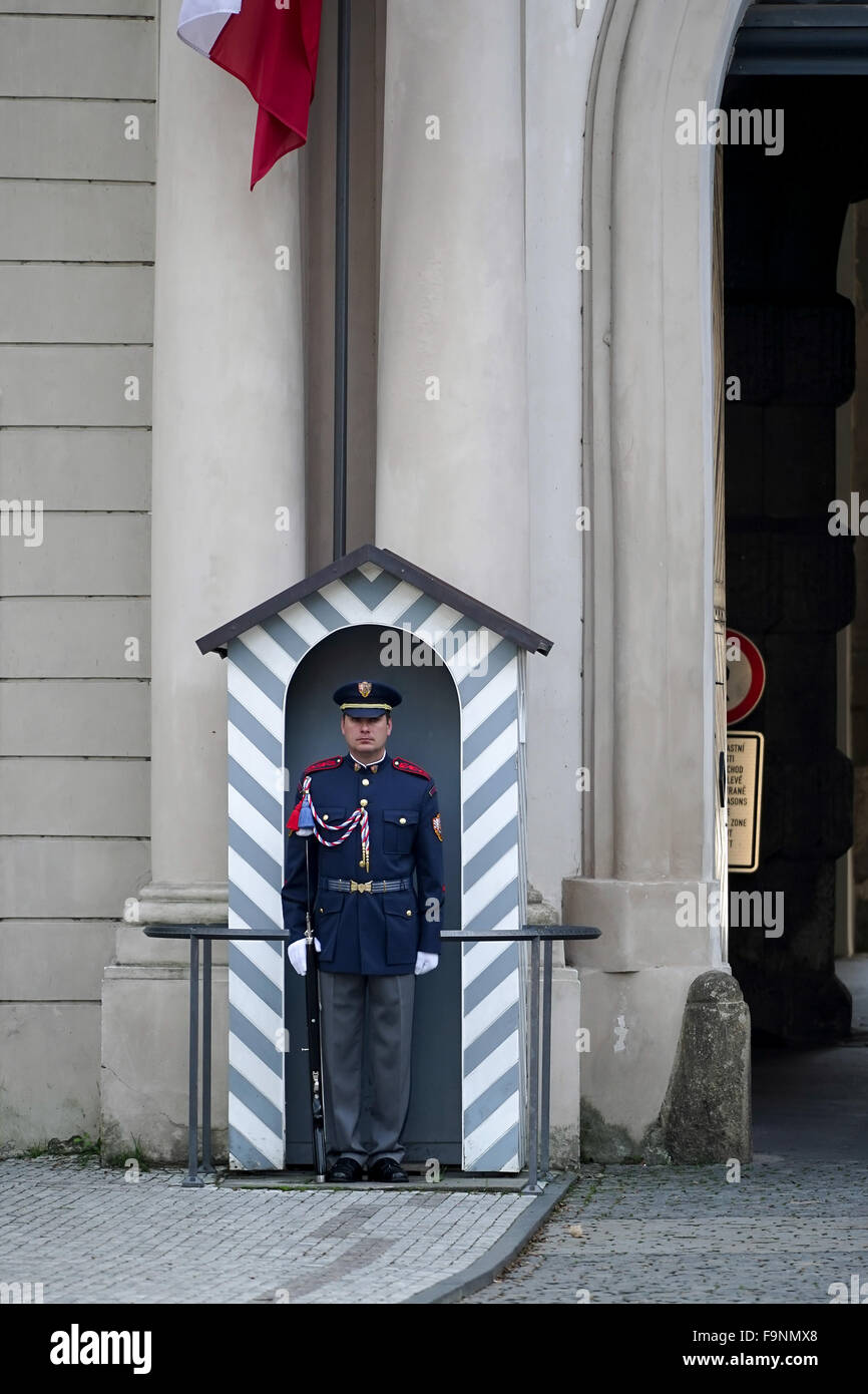 Czech Republic soldier guarding the entrance to the Castle area in Prague Stock Photo
