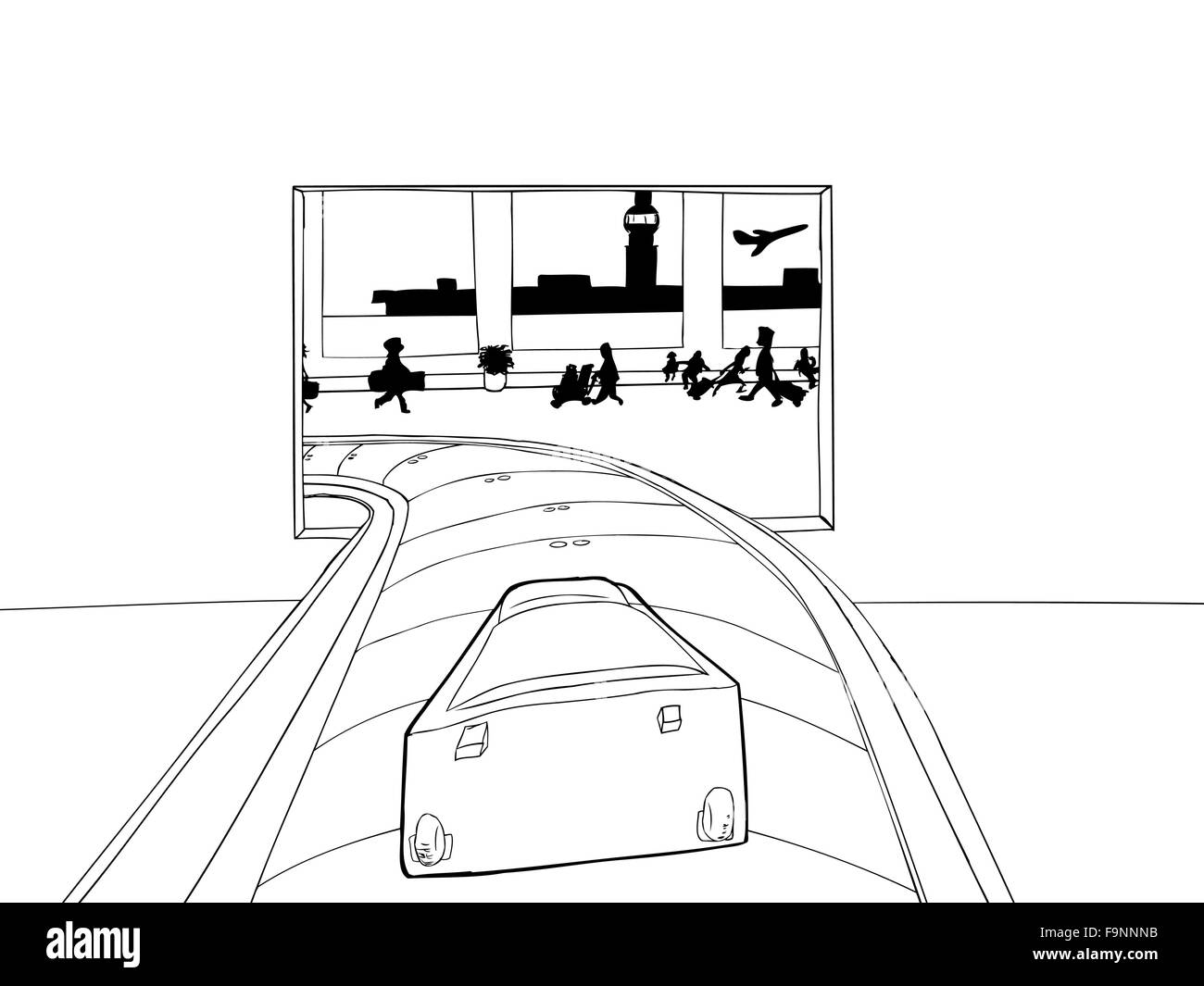 Outlined cartoon of single suitcase entering baggage claim Stock Vector