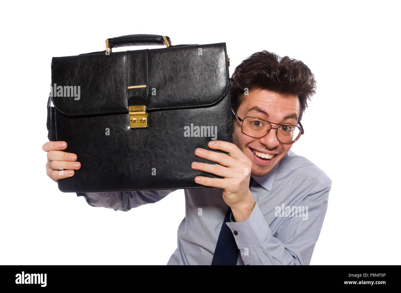 Young employee with briefcase isolated on white Stock Photo - Alamy