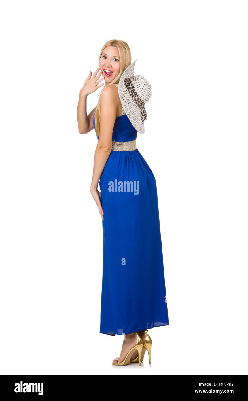 Beautiful woman in long blue dress isolated on white Stock Photo - Alamy