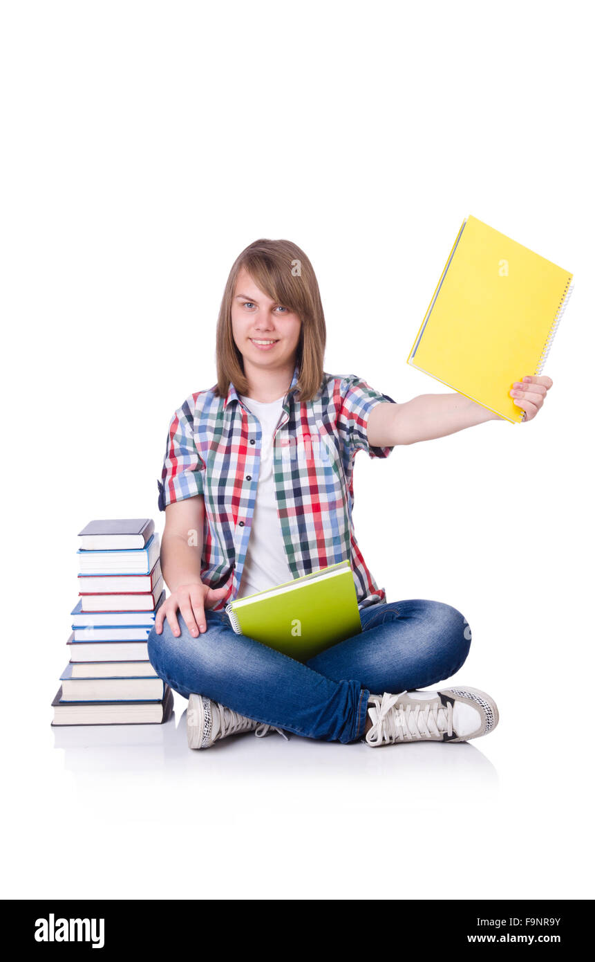 Smiling student with books isolated on white Stock Photo - Alamy