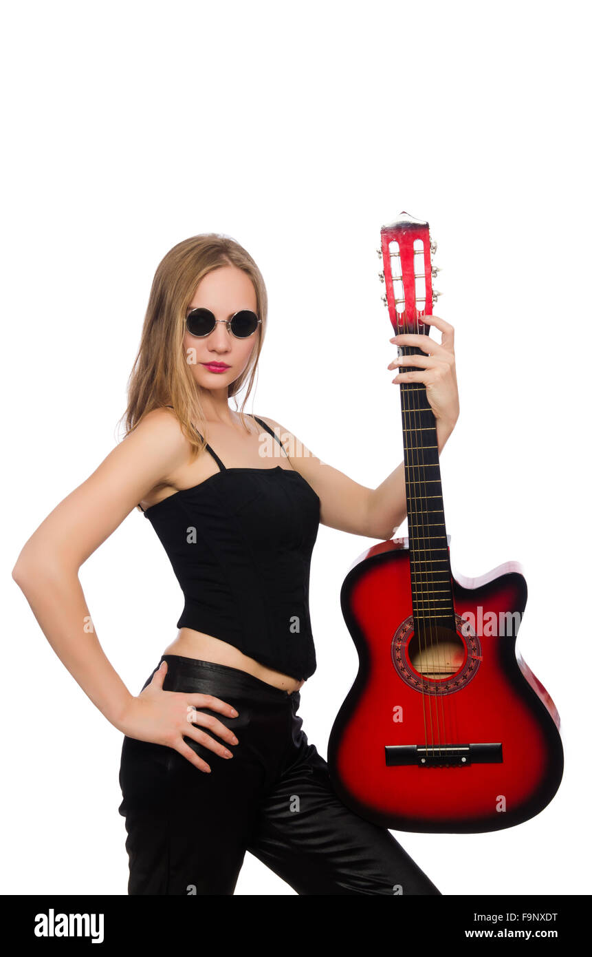 Young woman guitar player isolated on white Stock Photo - Alamy