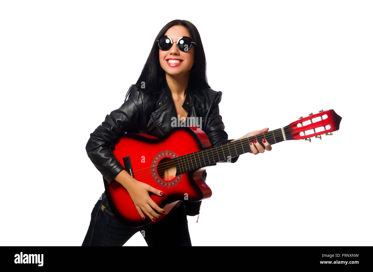 Woman playing guitar isolated on white Stock Photo - Alamy