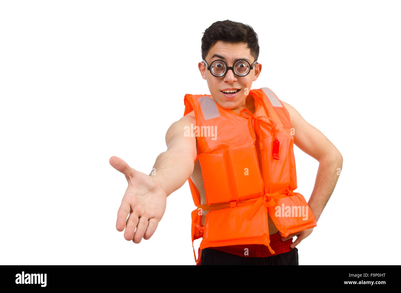 Funny man wearing orange safety vest Stock Photo - Alamy
