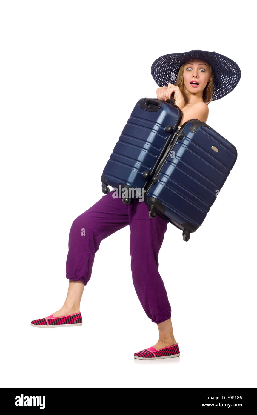Woman with suitcase isolated on white Stock Photo Alamy