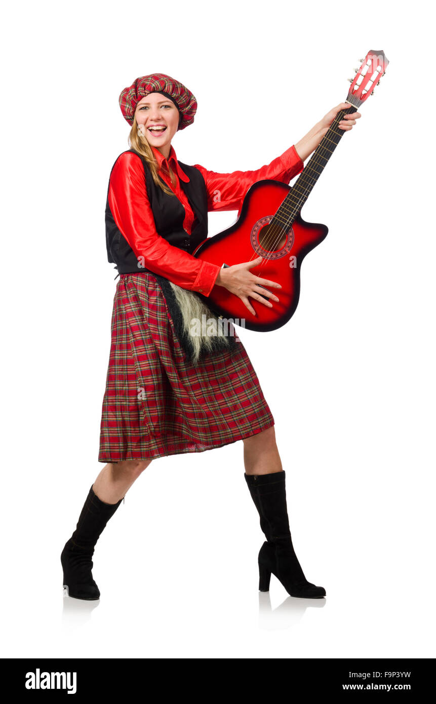 Funny woman in scottish clothing with guitar Stock Photo - Alamy