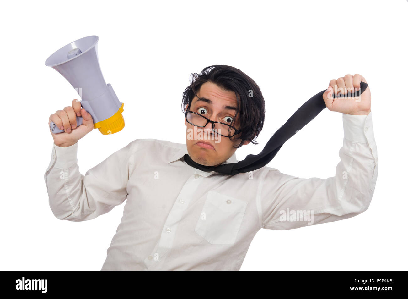 Angry man with loudspeaker isolated on white Stock Photo - Alamy