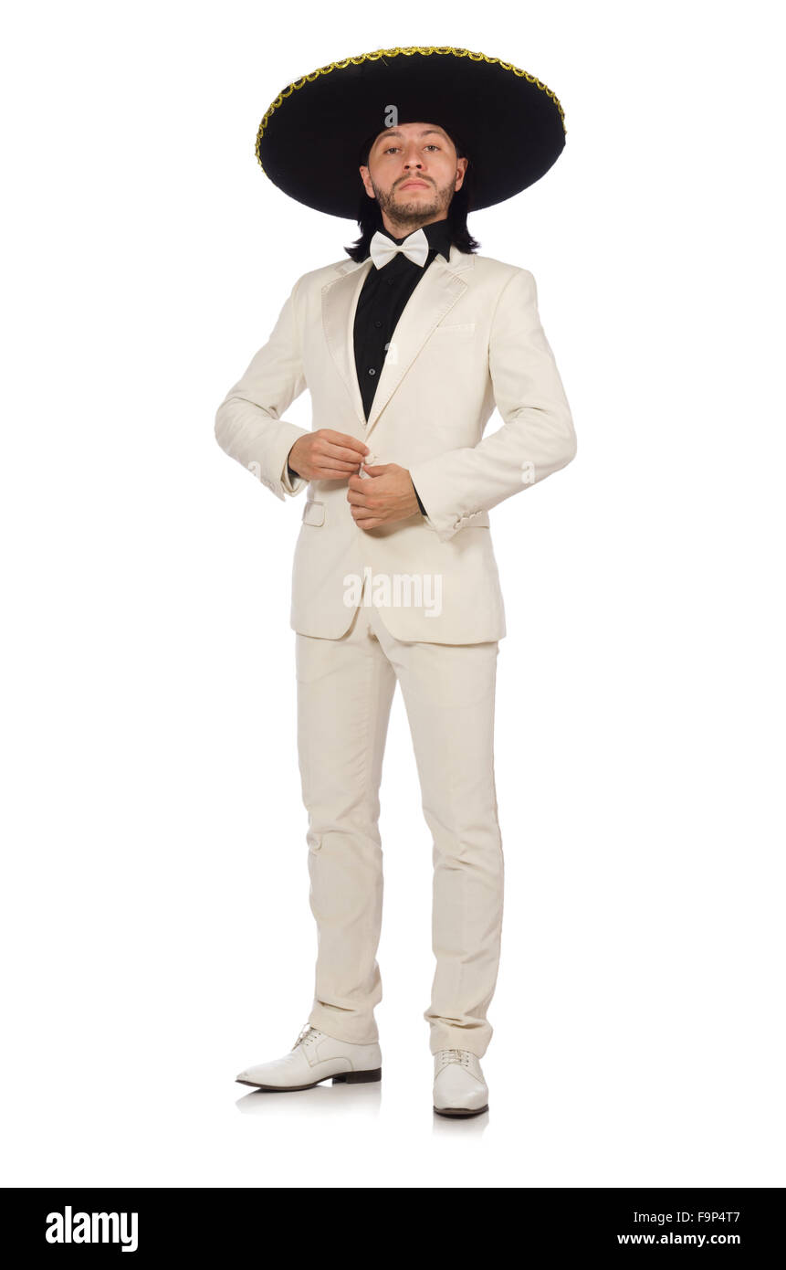 Funny mexican in suit and sombrero isolated on white Stock Photo