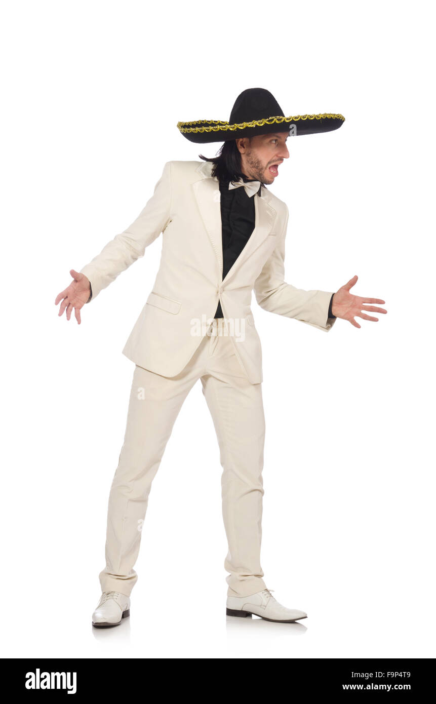 Funny mexican in suit and sombrero isolated on white Stock Photo