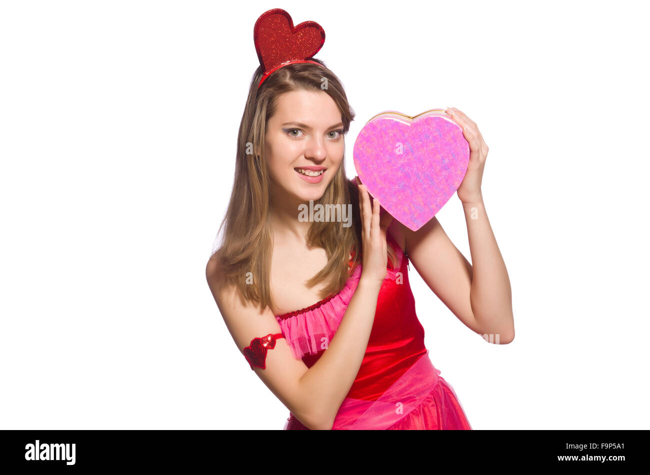 Girl in pretty pink dress with gift box isolated on white Stock Photo ...