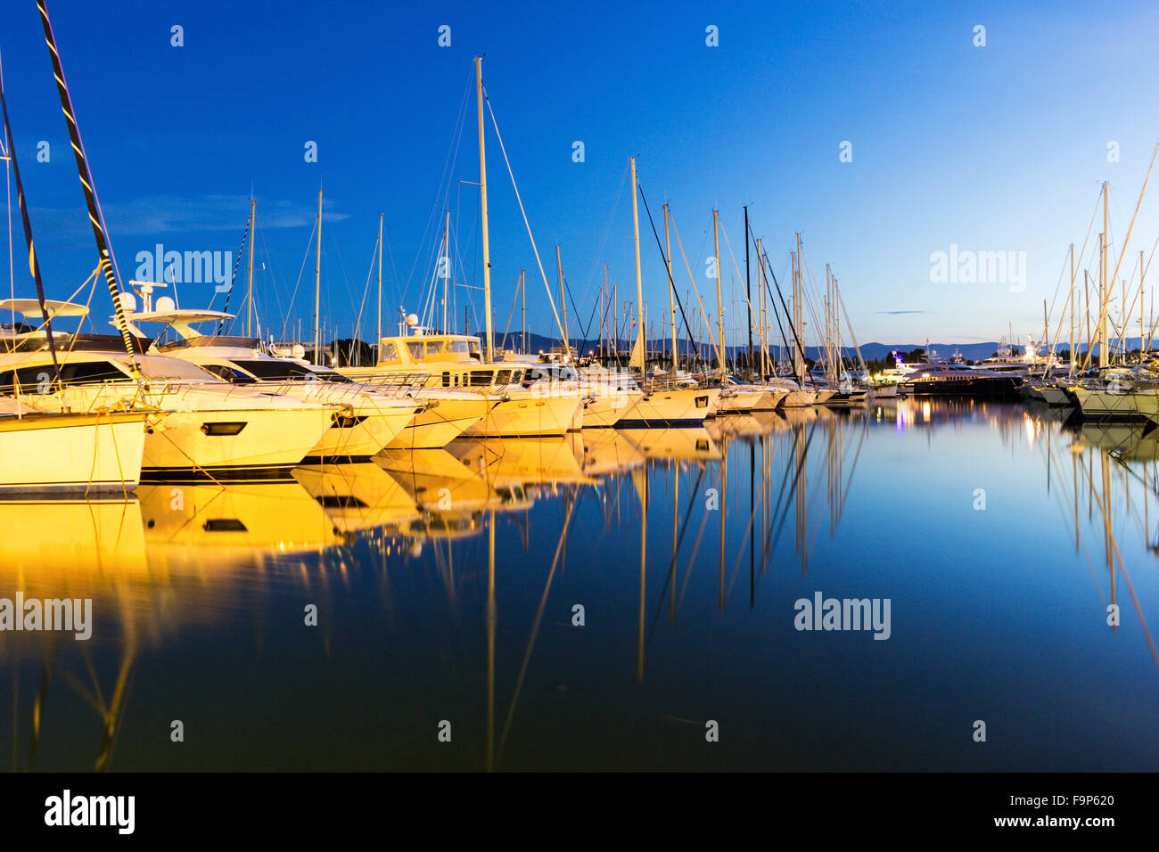 Boats anchored in the harbor in Antibes in France Stock Photo